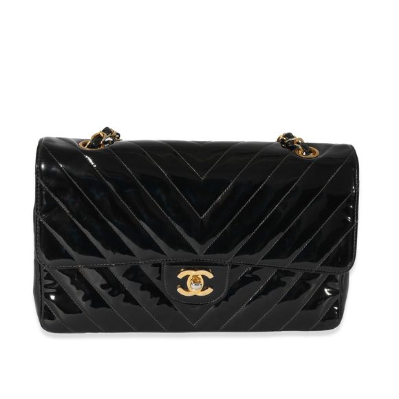 Chanel Vintage Black Patent Chevron Medium Flap Bag - Picture 1 of 8